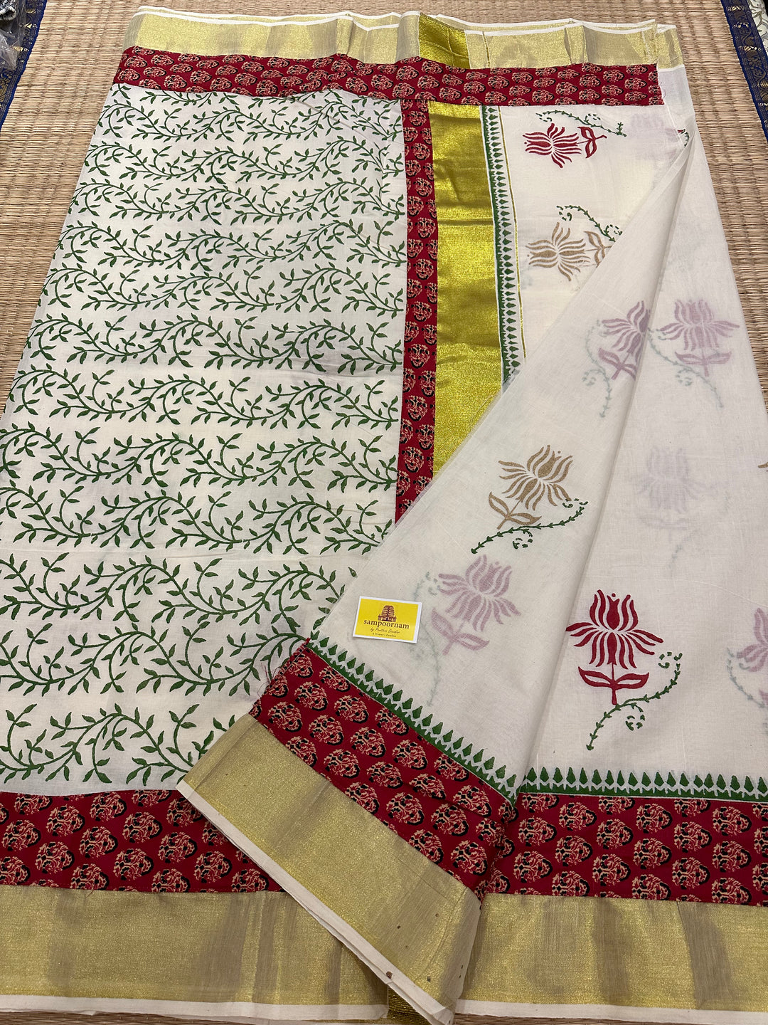 Kerala Pure Cotton Saree wih Red Ajrakh Border & Lotus Motifs - with Ajrakh Blouse