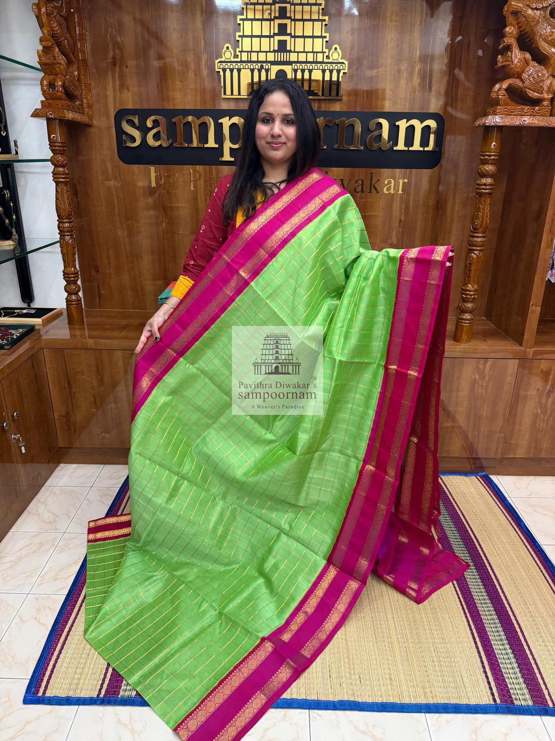 Pastel Green with Magenta, Rich Zari Checks in the Body and Grand Pallu Korvai Silk Cotton Saree