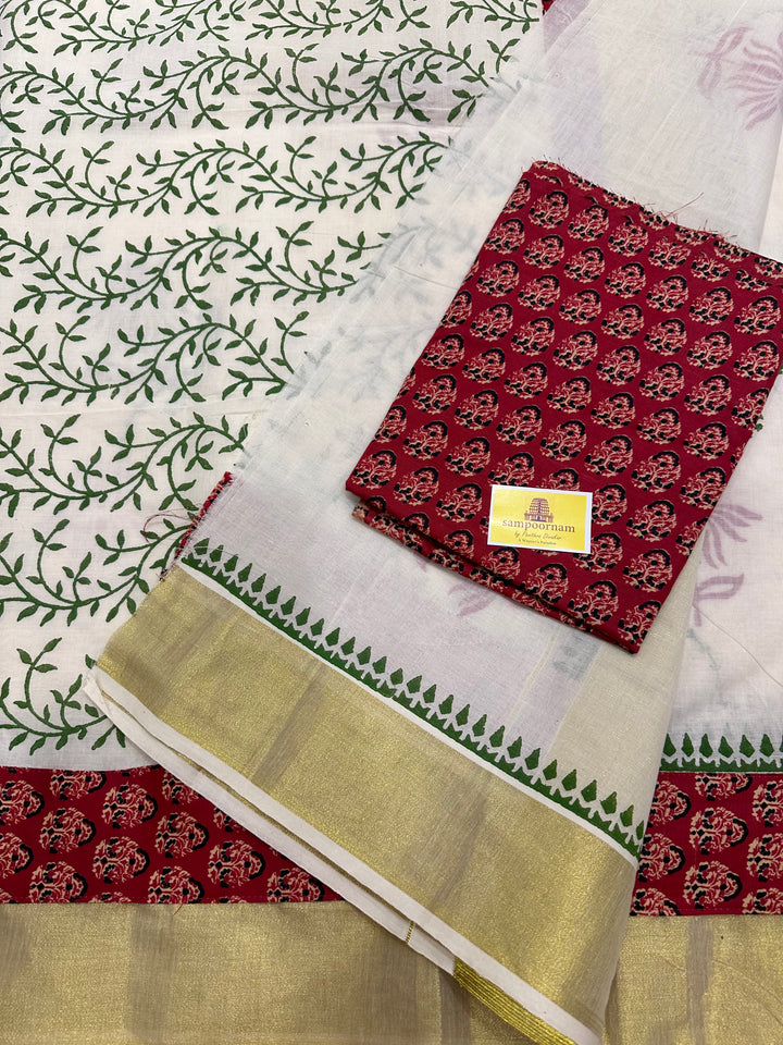 Kerala Pure Cotton Saree wih Red Ajrakh Border & Lotus Motifs - with Ajrakh Blouse