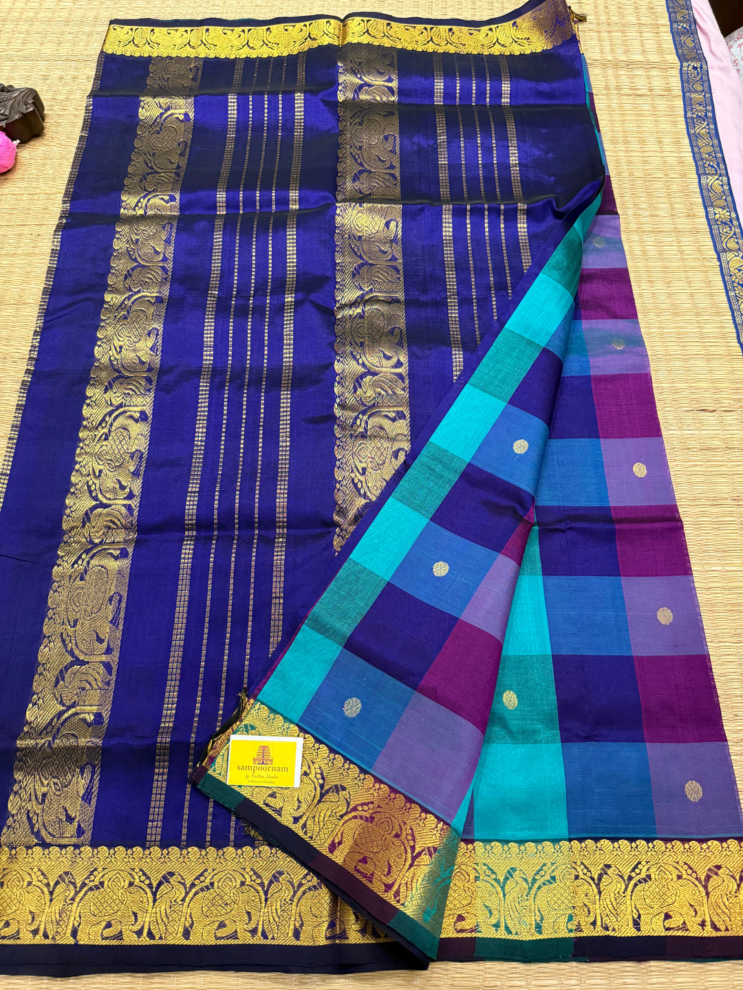 Traditional Blue, Green and Dark Purple Pallum Pazham Kattam Saree with Zari Butta in the Body And Traditional Pallu Silk Cotton Saree