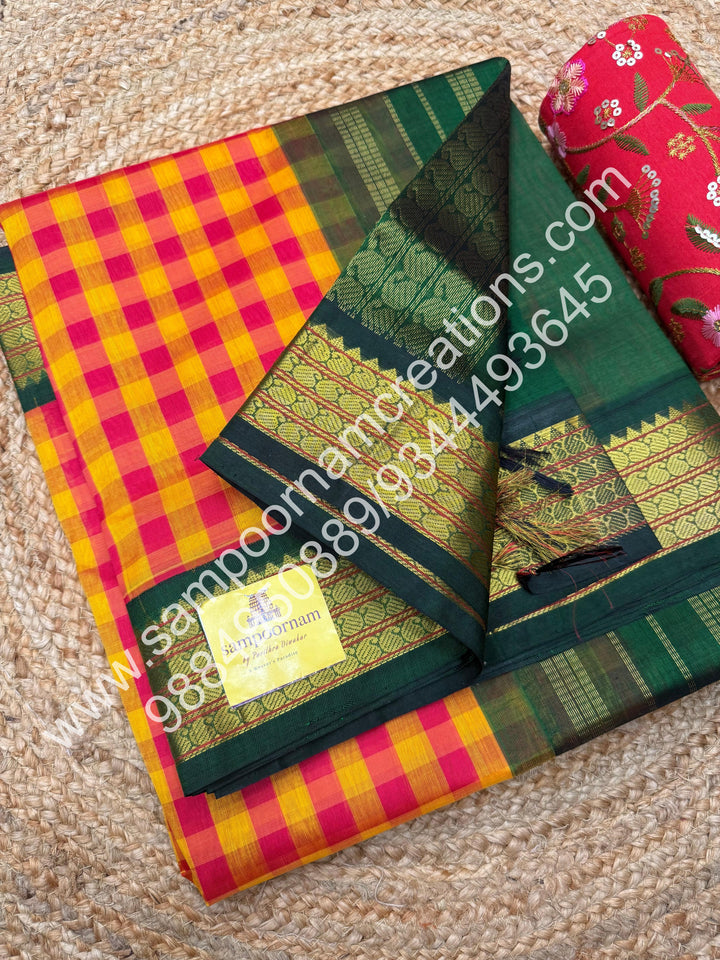 Red , Manjal , Orange with Green  , Pallum Pazham checks in the body  , traditional borders and rich Pallu Korvai Silk Cotton