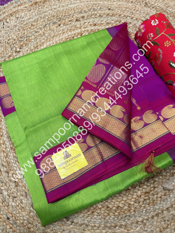 Parrot Green with Magenta , traditional borders and  rich Pallu Korvai Silk Cotton Saree