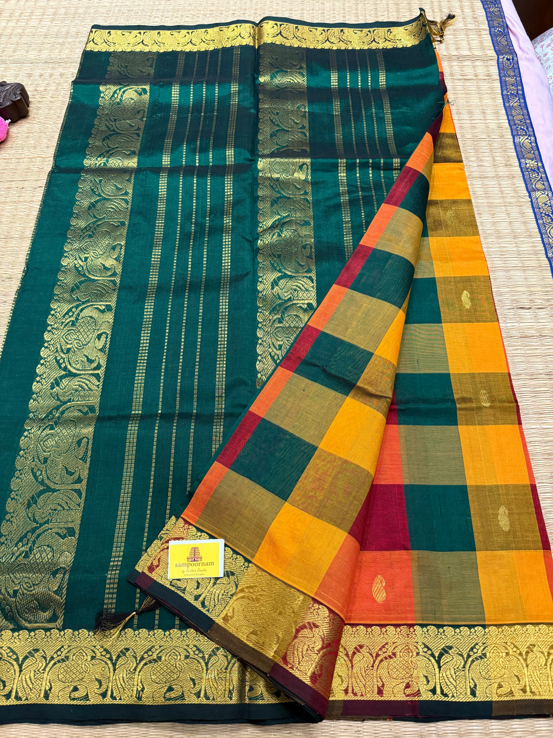 Traditional Araku, manjal ,Mustard and Green Pallum Pazham Kattam Saree with Zari Mango Butta in the Body And Traditional Pallu Silk Cotton Saree
