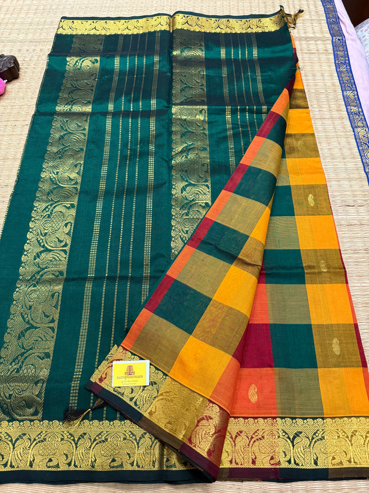 Traditional Araku, manjal ,Mustard and Green Pallum Pazham Kattam Saree with Zari Mango Butta in the Body And Traditional Pallu Silk Cotton Saree