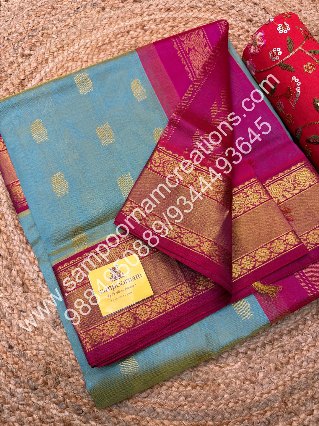 Teal Blue with Pink , Annam and Mango  Zari butta in the body , traditional Silk  border and rich Pallu Korvai Silk Cotton Saree