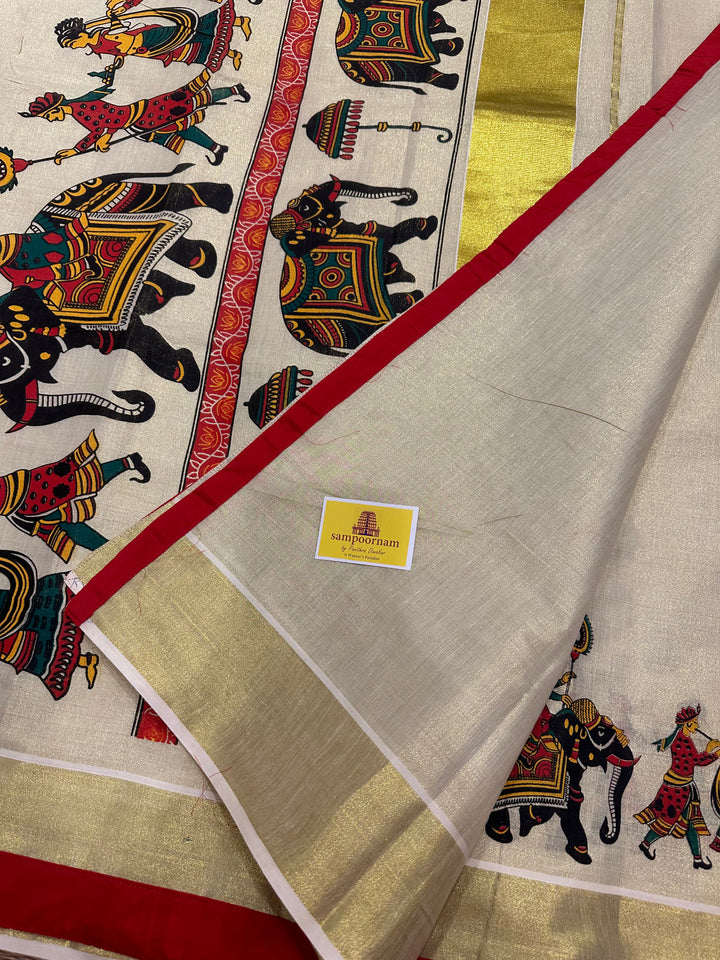 Kerala Tissue Saree with Royal Elephant Procession and Red Border Piping