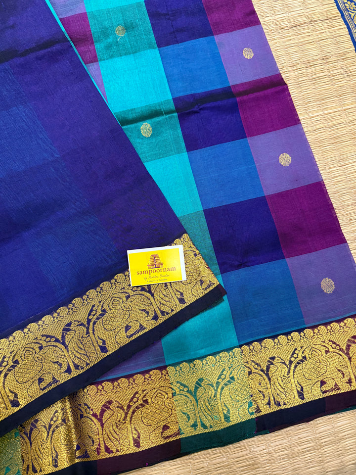 Traditional Blue, Green and Dark Purple Pallum Pazham Kattam Saree with Zari Butta in the Body And Traditional Pallu Silk Cotton Saree