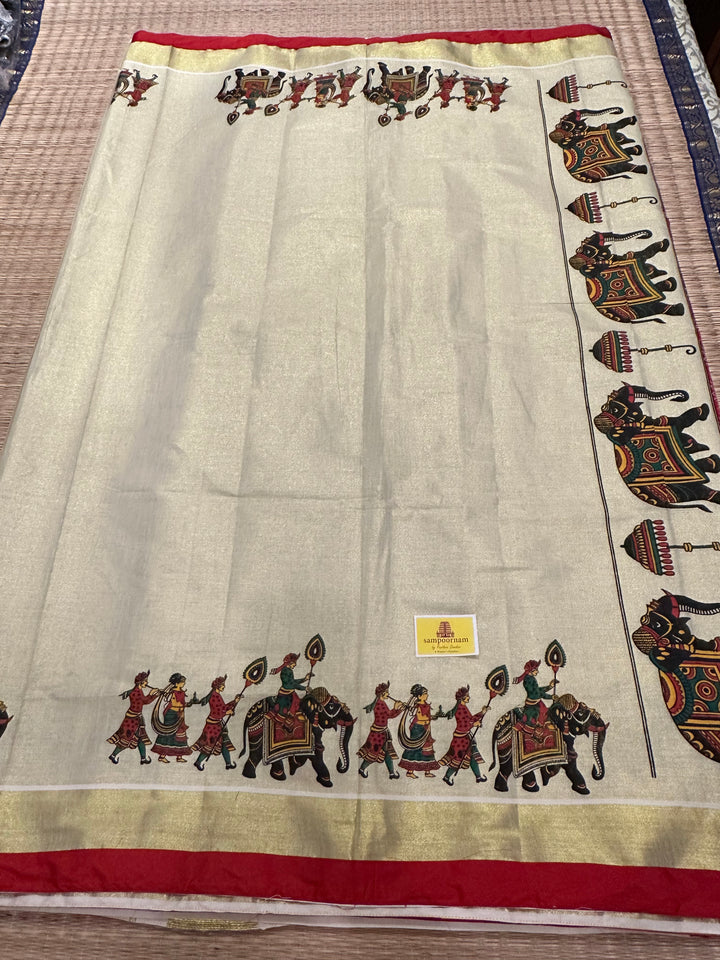 Kerala Tissue Saree with Royal Elephant Procession and Red Border Piping