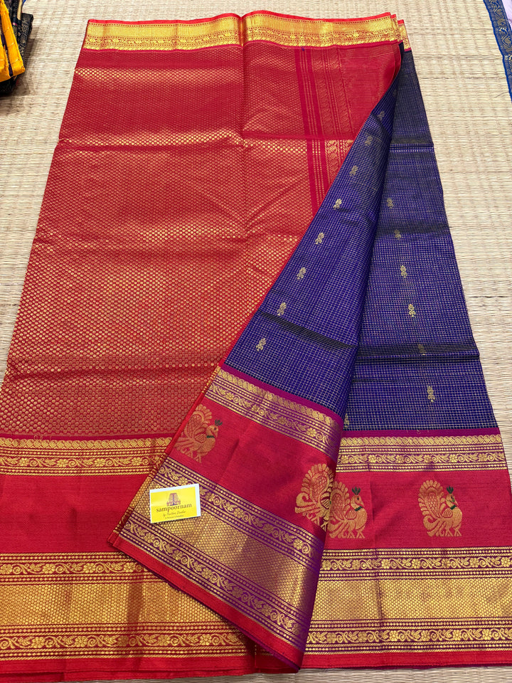 Indigo Blue with Red, One Side Big Satin Border with Annam Motifs, Zari Podi Kattam in the Body , Rich Pallu Korvai Silk Cotton Saree