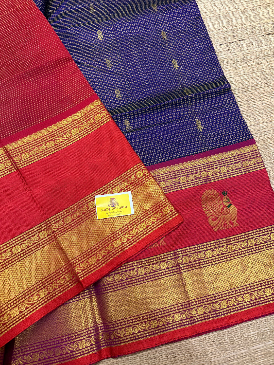 Indigo Blue with Red, One Side Big Satin Border with Annam Motifs, Zari Podi Kattam in the Body , Rich Pallu Korvai Silk Cotton Saree