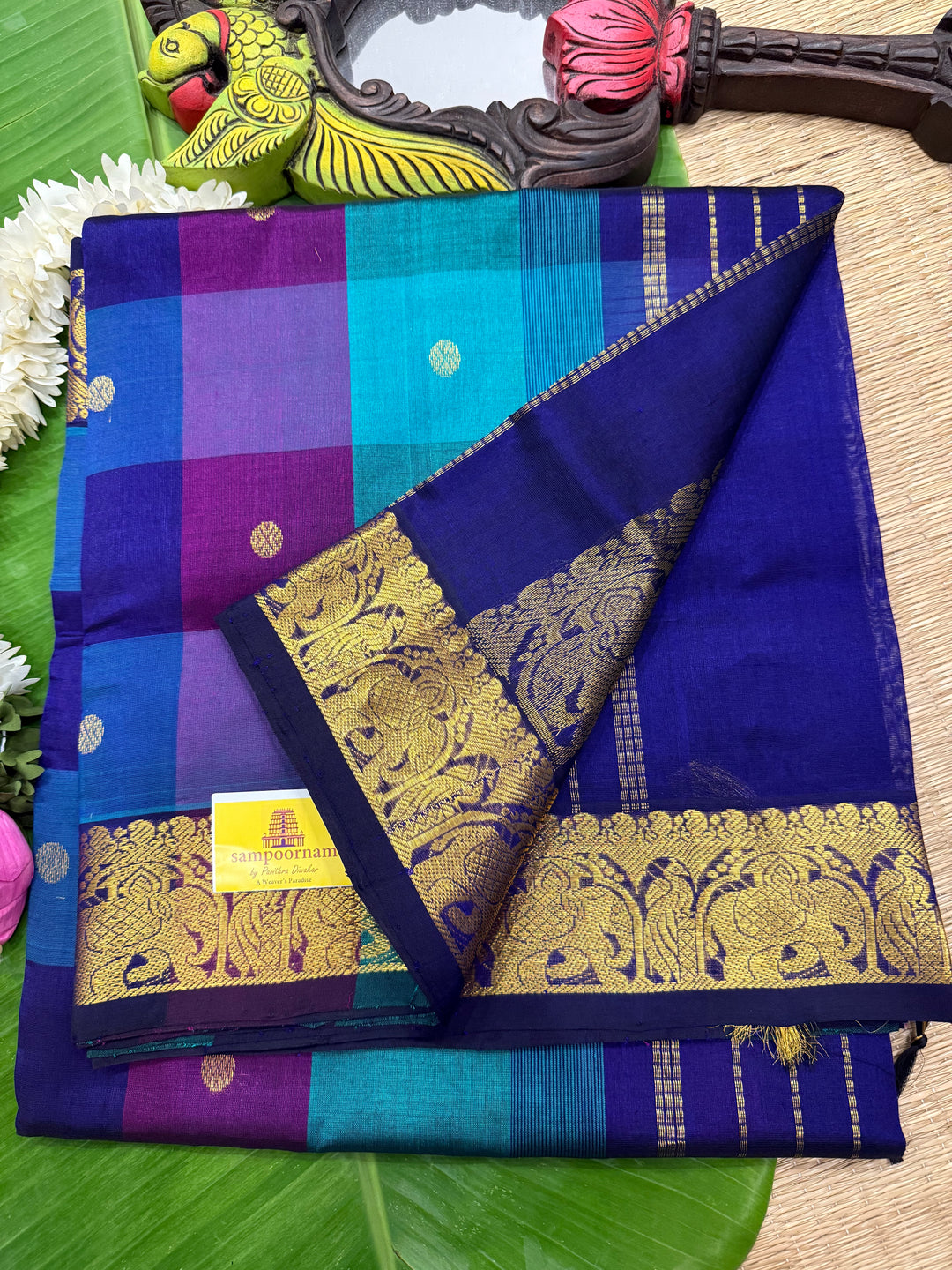 Traditional Blue, Green and Dark Purple Pallum Pazham Kattam Saree with Zari Butta in the Body And Traditional Pallu Silk Cotton Saree