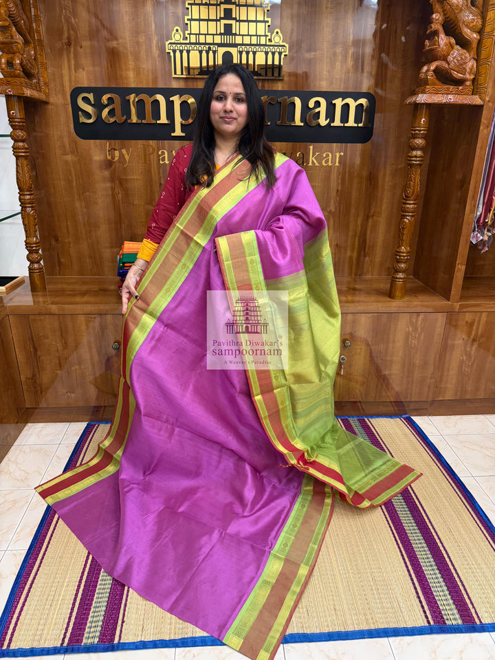 Lilacwith Pastel Green, rettapet Border and Traditional Pallu Korvai Silk Cotton Saree