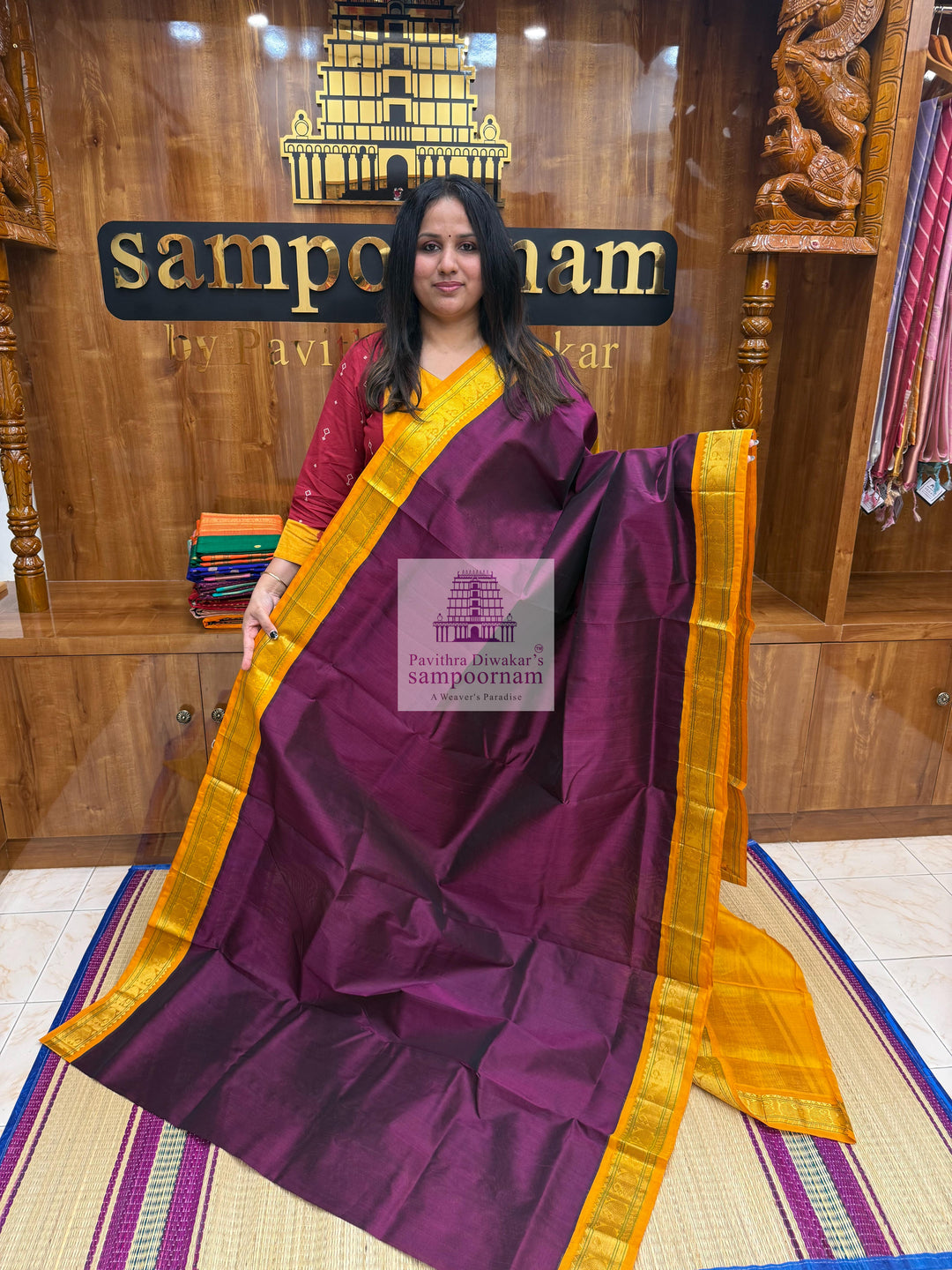 Dark Maroon with Mustard Traditional Borders and Rich Pallu Korvai Silk Cotton Saree