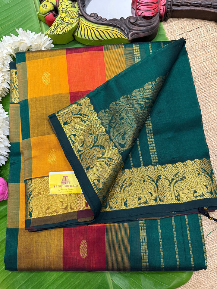 Traditional Araku, manjal ,Mustard and Green Pallum Pazham Kattam Saree with Zari Mango Butta in the Body And Traditional Pallu Silk Cotton Saree