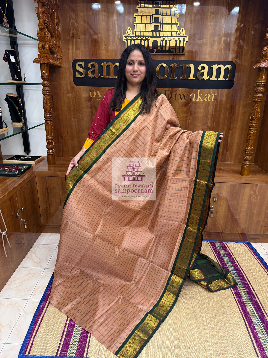 Biscuit Colour with Green, Thread Kattam in the Body , Traditional Borders and Rich Pallu ,Korvai Silk Cotton Saree