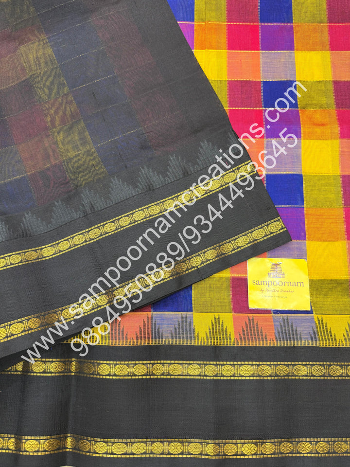 Manjal , Blue , Pink  with Black  , Pallum Pazham Kattam , rettapet  borders and rich Pallu Korvai Silk Cotton Saree
