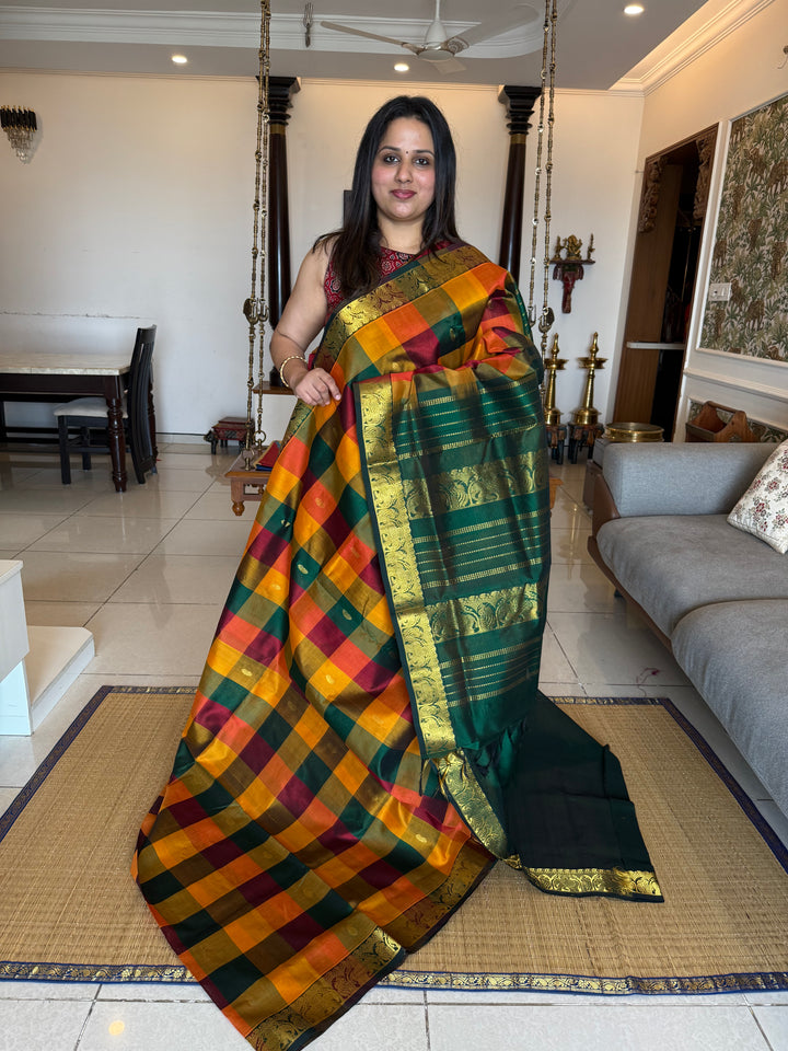 Traditional Araku, manjal ,Mustard and Green Pallum Pazham Kattam Saree with Zari Mango Butta in the Body And Traditional Pallu Silk Cotton Saree