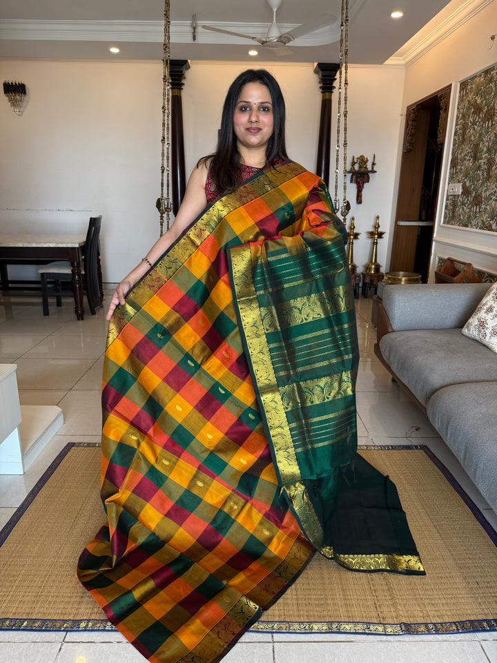 Traditional Araku, manjal ,Mustard and Green Pallum Pazham Kattam Saree with Zari Mango Butta in the Body And Traditional Pallu Silk Cotton Saree