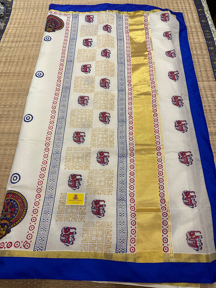 Handblock Printed Kerala Cotton Saree with Kathakali Motif and Blue Piping in Borders