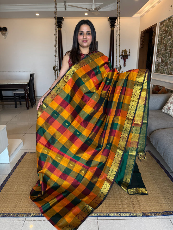 Traditional Araku, manjal ,Mustard and Green Pallum Pazham Kattam Saree with Zari Mango Butta in the Body And Traditional Pallu Silk Cotton Saree
