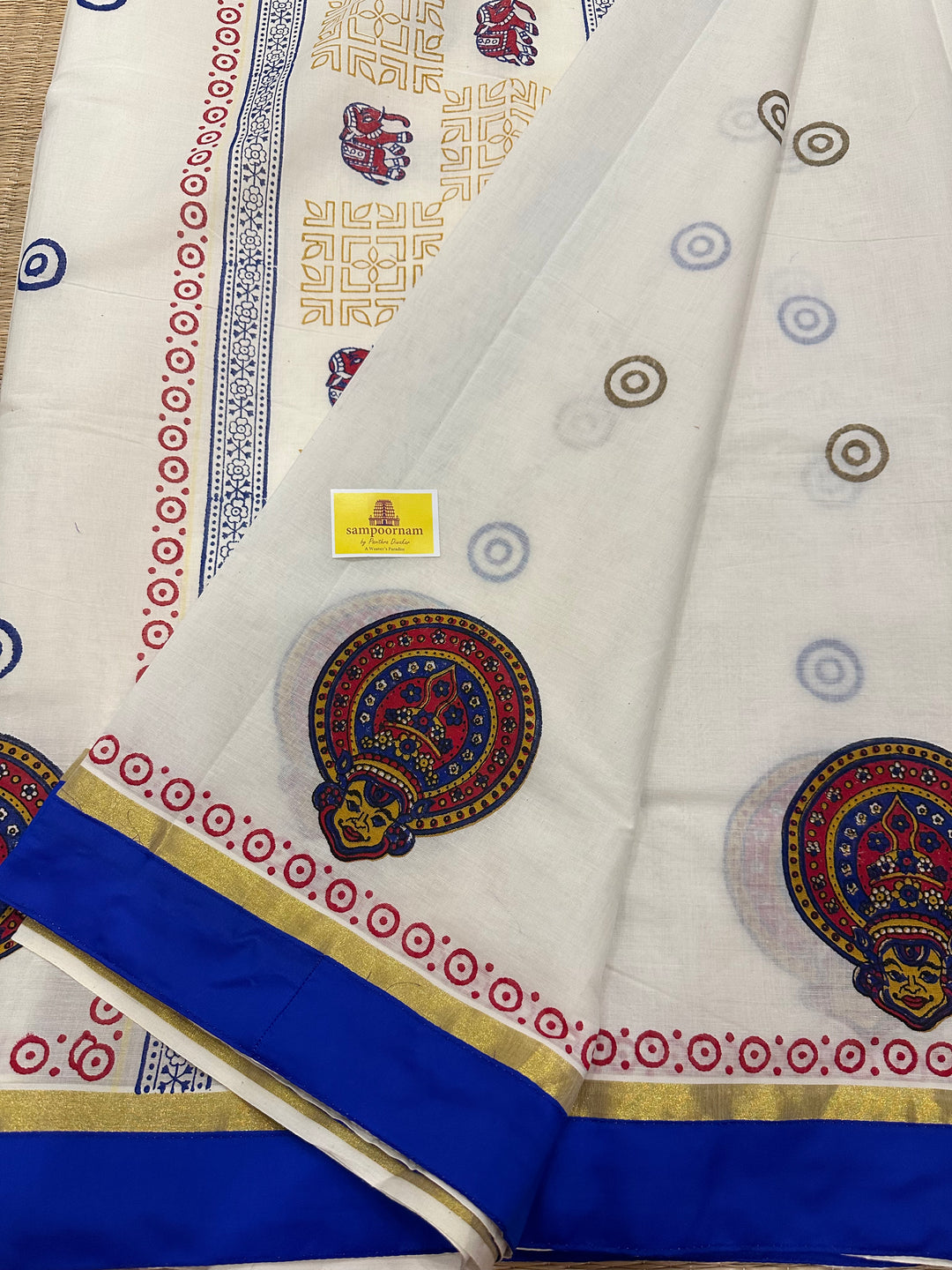 Handblock Printed Kerala Cotton Saree with Kathakali Motif and Blue Piping in Borders