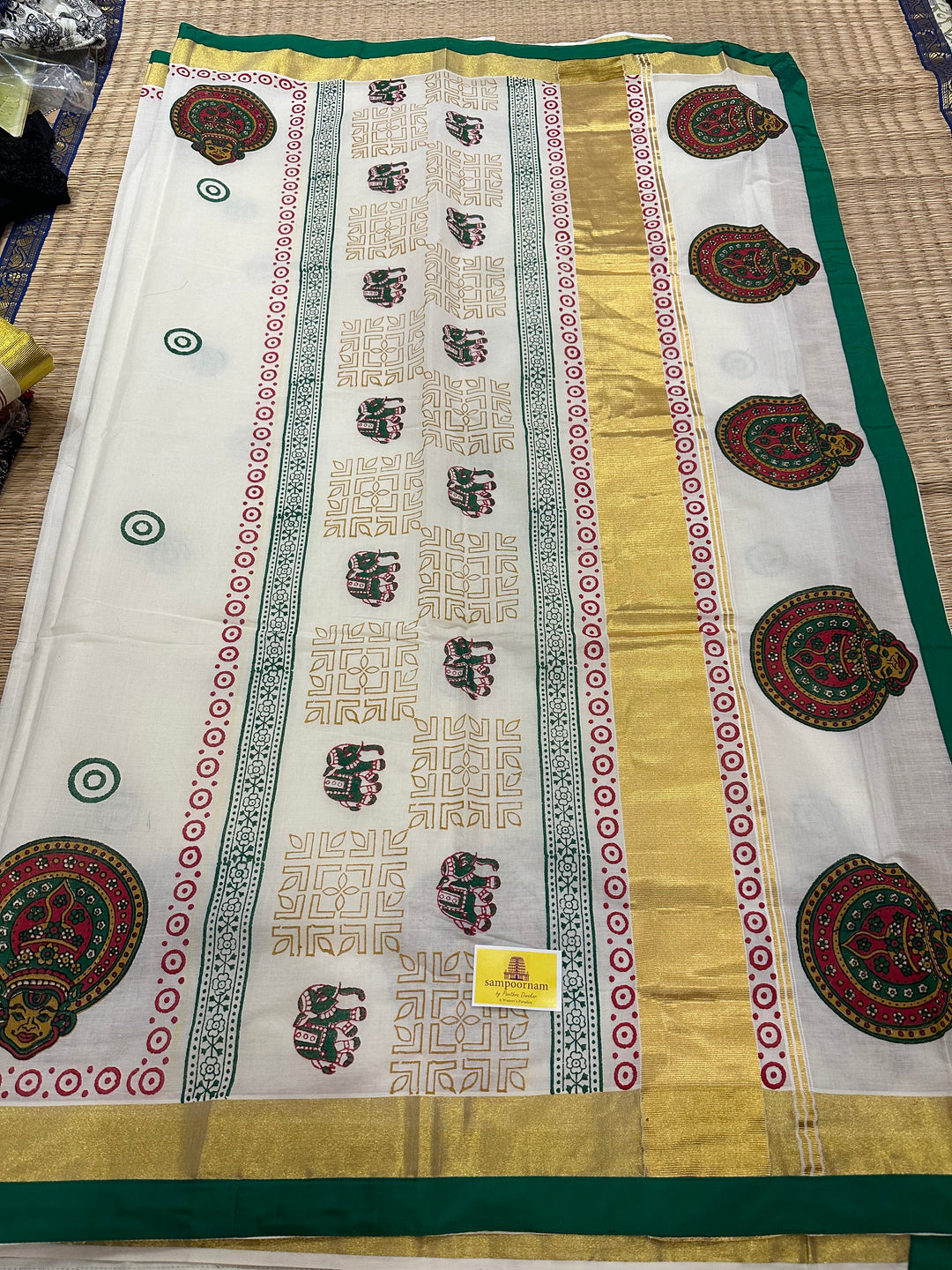 Handblock Printed Kerala Cotton Saree with Kathakali Motif and Green Piping in Borders