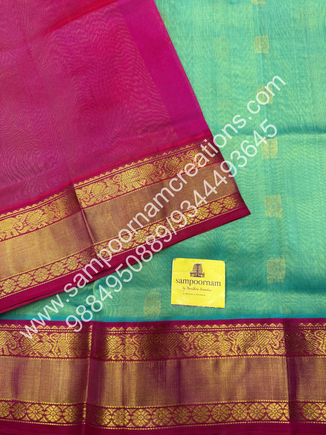 Double Shaded sea green with Pink, Annam and Mango  Zari butta in the body , traditional Silk  border and rich Pallu Korvai Silk Cotton Saree