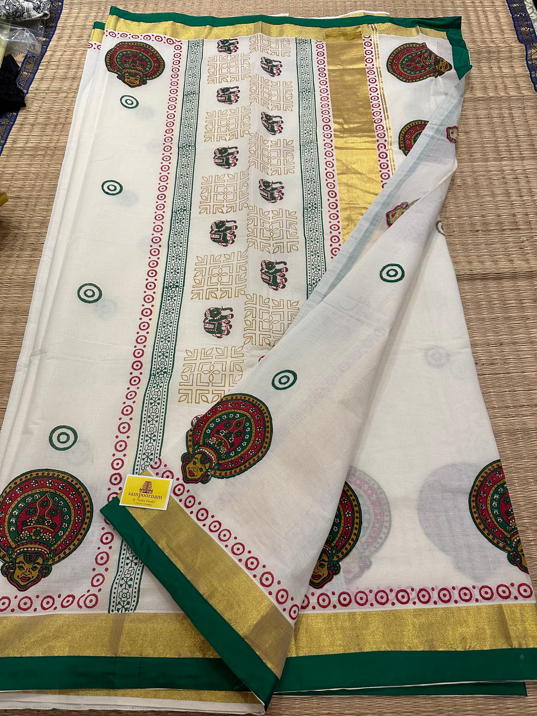 Handblock Printed Kerala Cotton Saree with Kathakali Motif and Green Piping in Borders