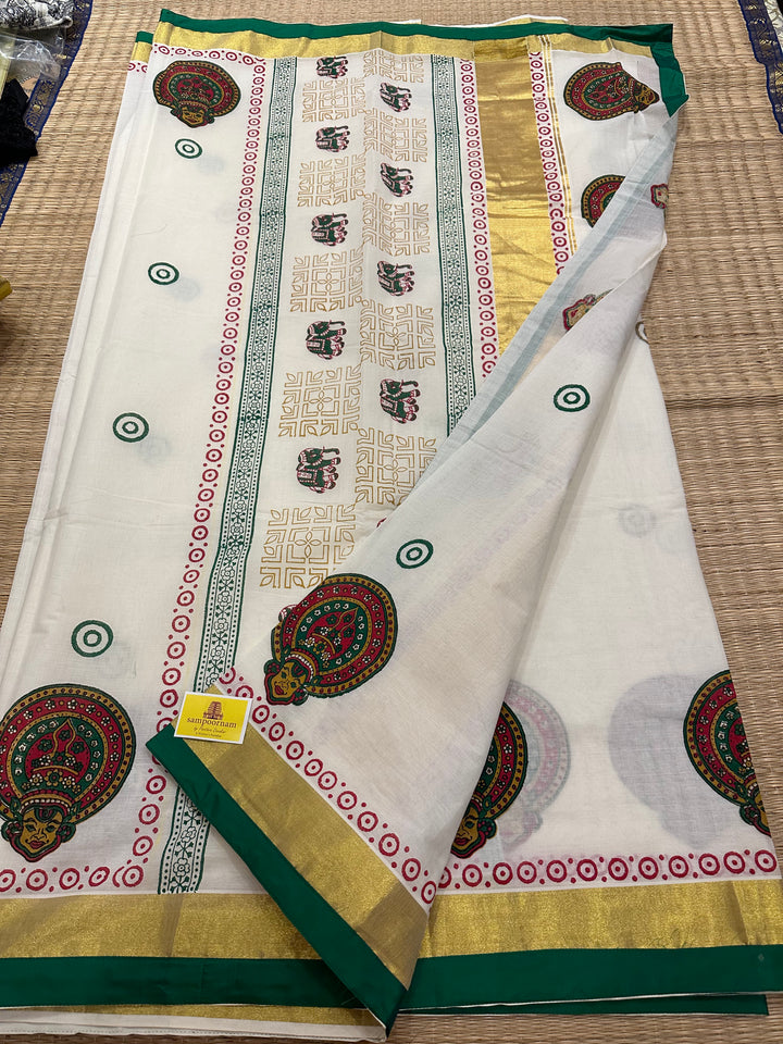 Handblock Printed Kerala Cotton Saree with Kathakali Motif and Green Piping in Borders