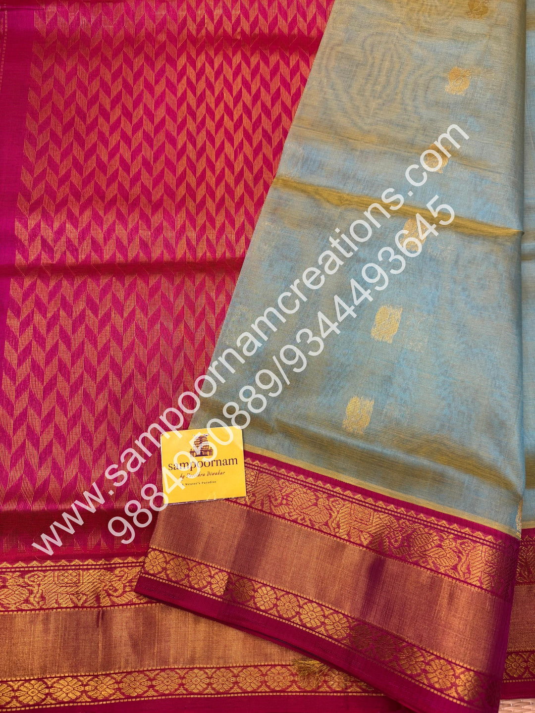 Teal Blue with Pink , Annam and Mango  Zari butta in the body , traditional Silk  border and rich Pallu Korvai Silk Cotton Saree