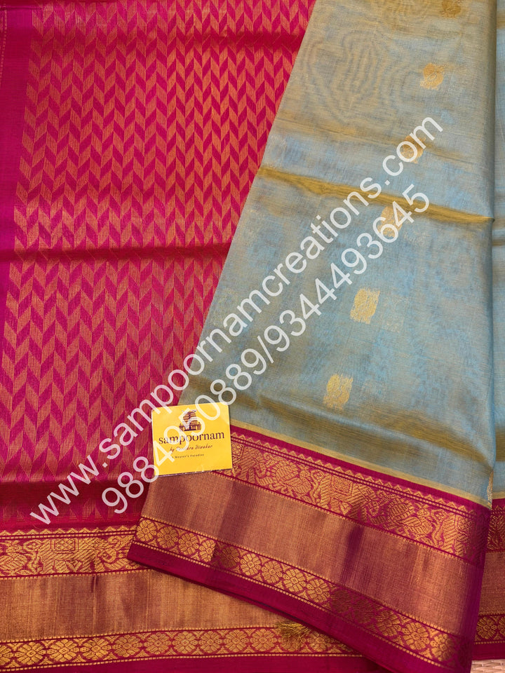 Teal Blue with Pink , Annam and Mango  Zari butta in the body , traditional Silk  border and rich Pallu Korvai Silk Cotton Saree