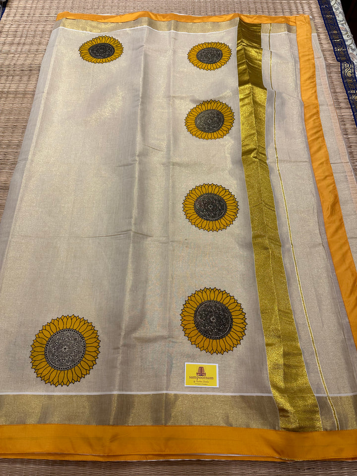 Offwhite Kerala Tissue Saree with Sunflower Motif and With a Yellow Border Piping