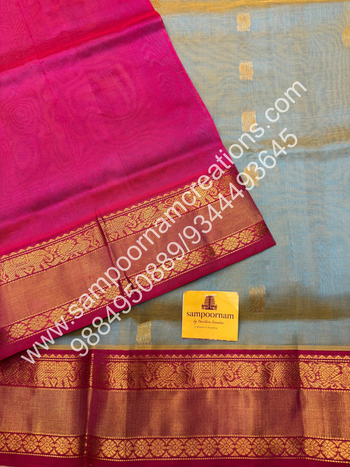 Teal Blue with Pink , Annam and Mango  Zari butta in the body , traditional Silk  border and rich Pallu Korvai Silk Cotton Saree