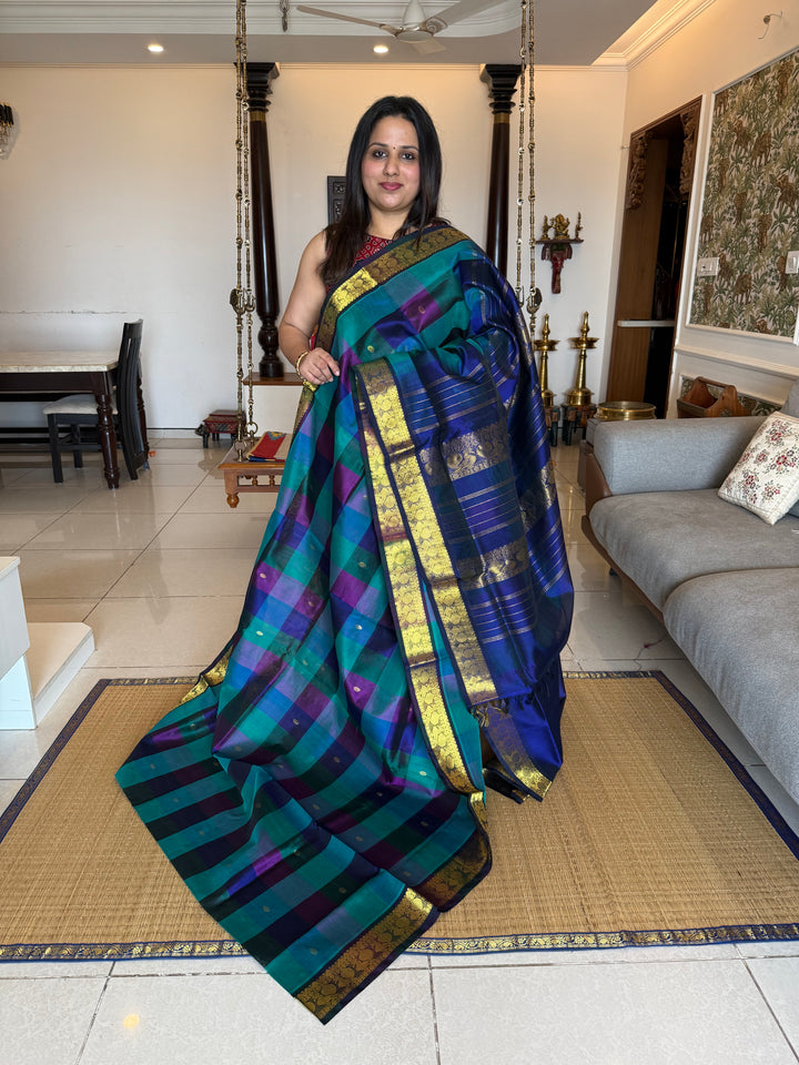 Traditional Blue, Green and Dark Purple Pallum Pazham Kattam Saree with Zari Butta in the Body And Traditional Pallu Silk Cotton Saree