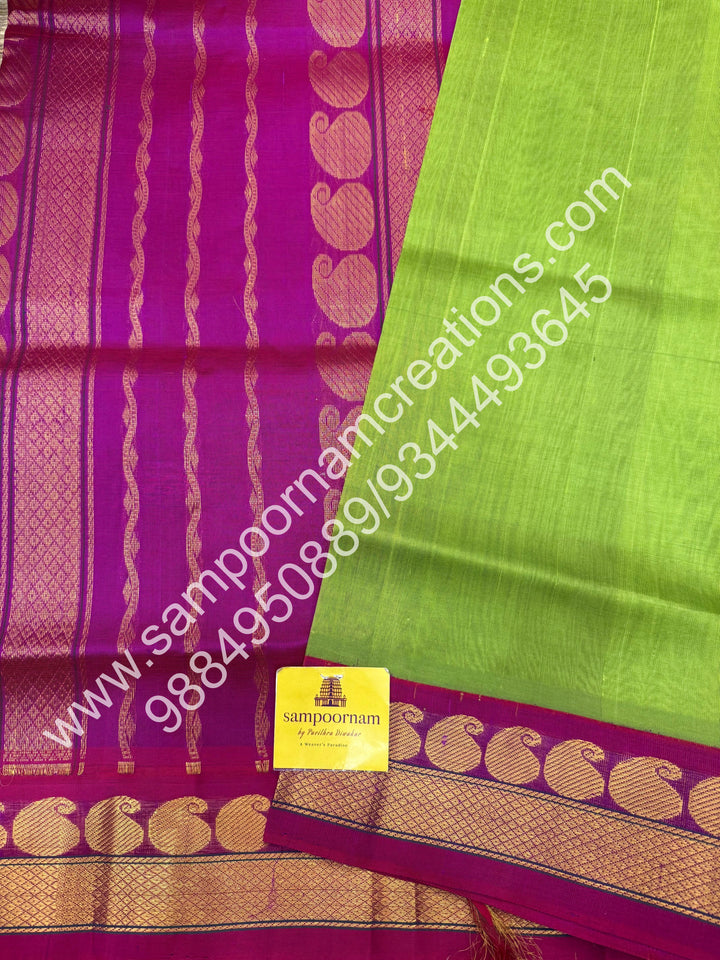Parrot Green with Magenta , traditional borders and  rich Pallu Korvai Silk Cotton Saree