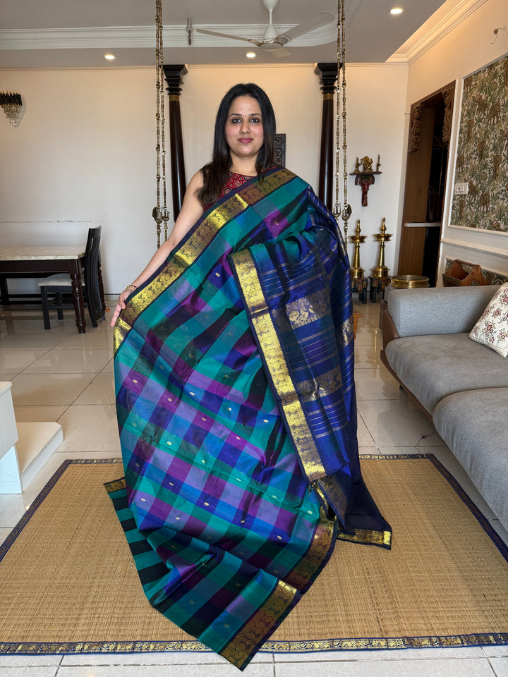 Traditional Blue, Green and Dark Purple Pallum Pazham Kattam Saree with Zari Butta in the Body And Traditional Pallu Silk Cotton Saree