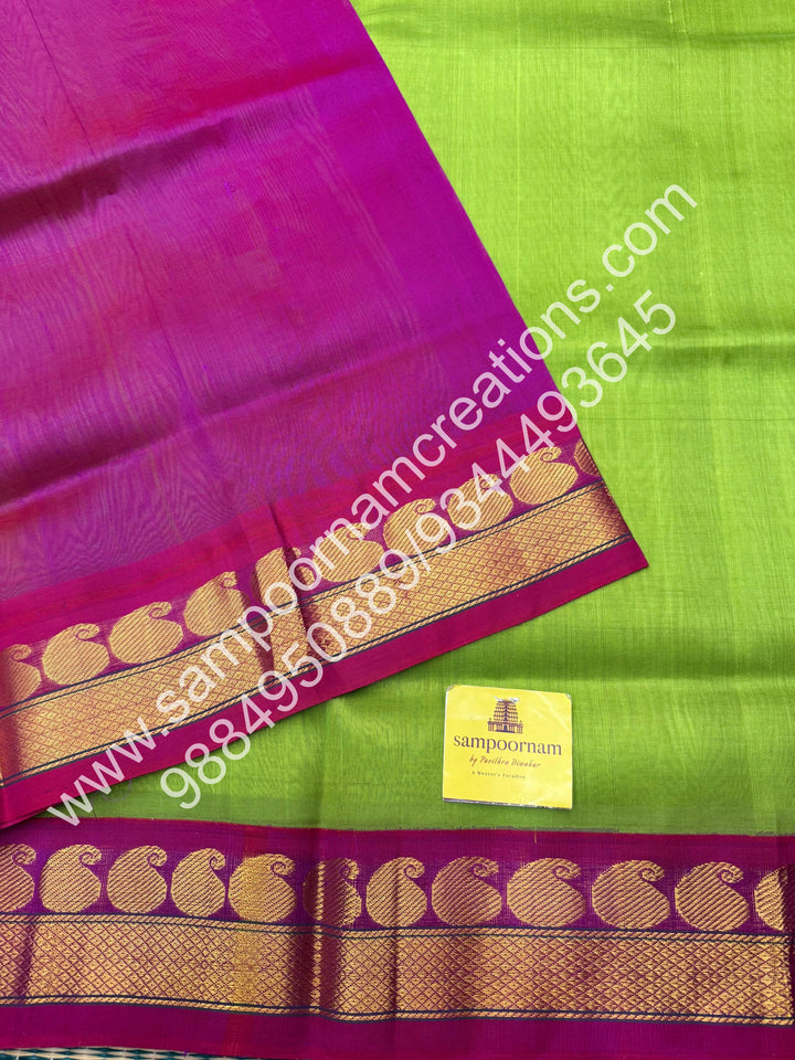Parrot Green with Magenta , traditional borders and  rich Pallu Korvai Silk Cotton Saree