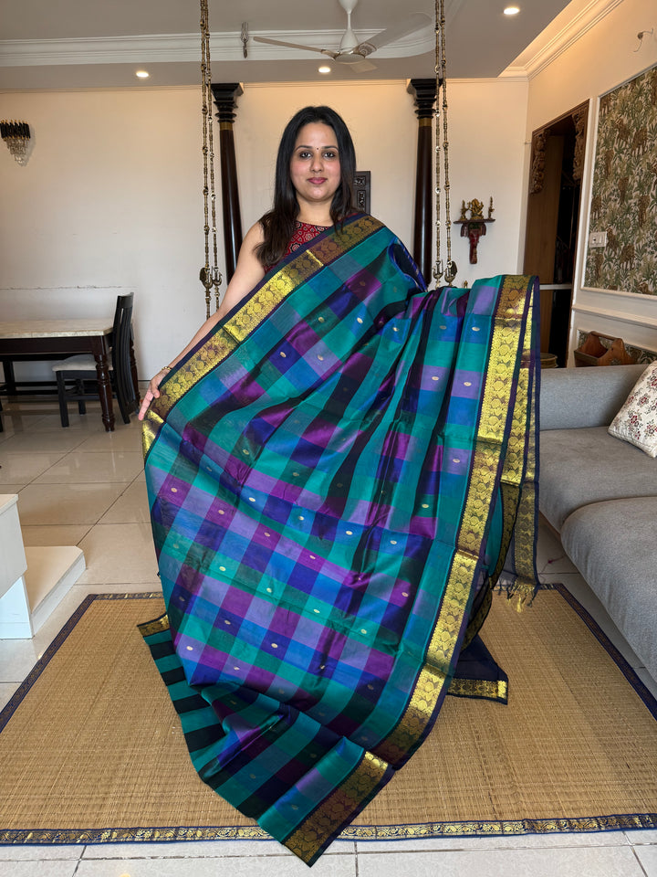 Traditional Blue, Green and Dark Purple Pallum Pazham Kattam Saree with Zari Butta in the Body And Traditional Pallu Silk Cotton Saree
