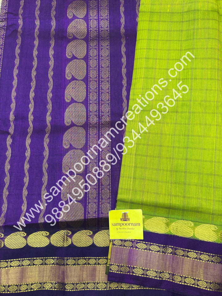 Olive Green with Purple  , rettapet border with Mango design  and rich Pallu Korvai Silk Cotton Saree