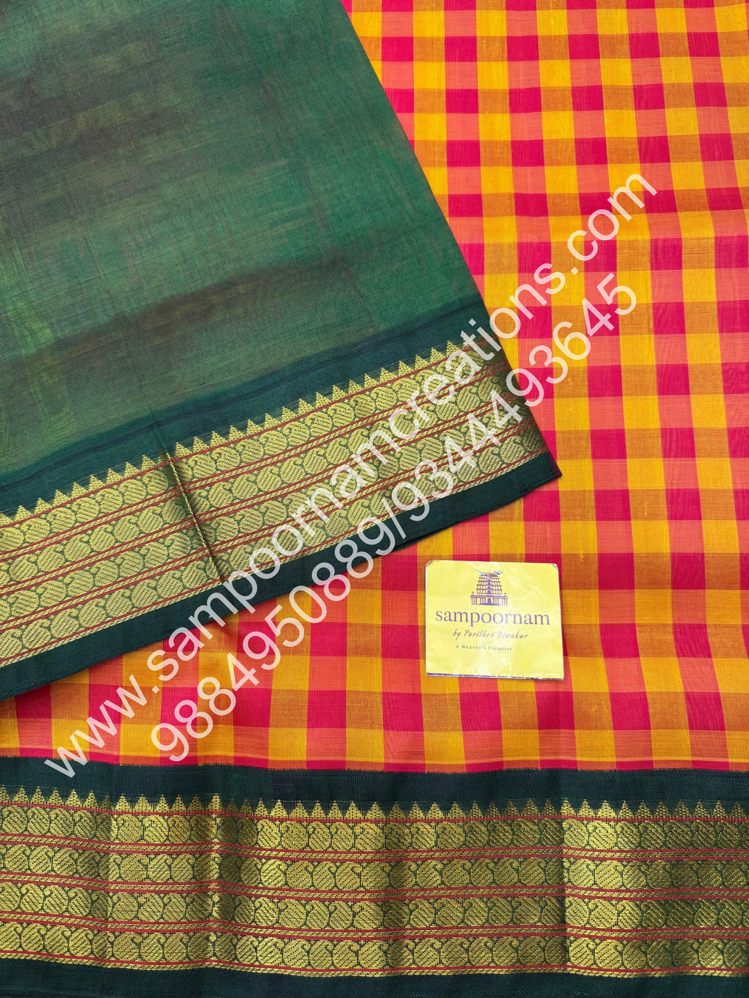Red , Manjal , Orange with Green  , Pallum Pazham checks in the body  , traditional borders and rich Pallu Korvai Silk Cotton