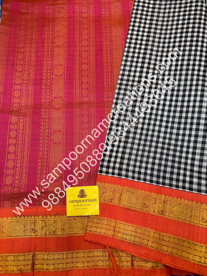 Black and White with Pink  , Pallum Pazham Podi Kattam , rettapet  borders and rich Pallu Korvai Silk Cotton Saree