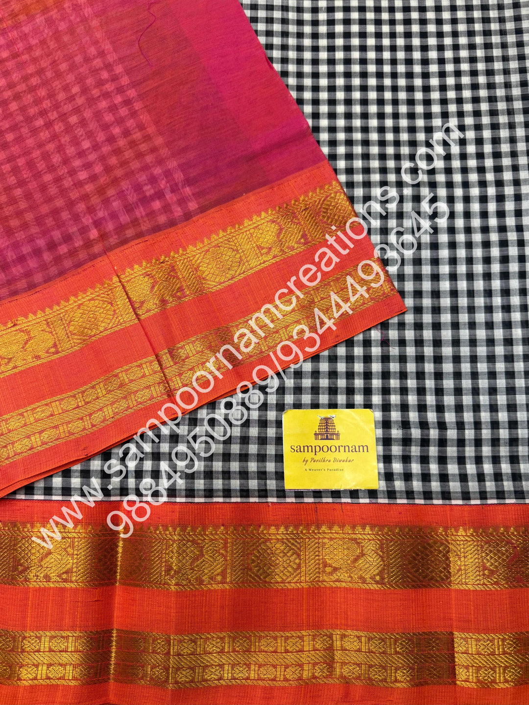 Black and White with Pink  , Pallum Pazham Podi Kattam , rettapet  borders and rich Pallu Korvai Silk Cotton Saree