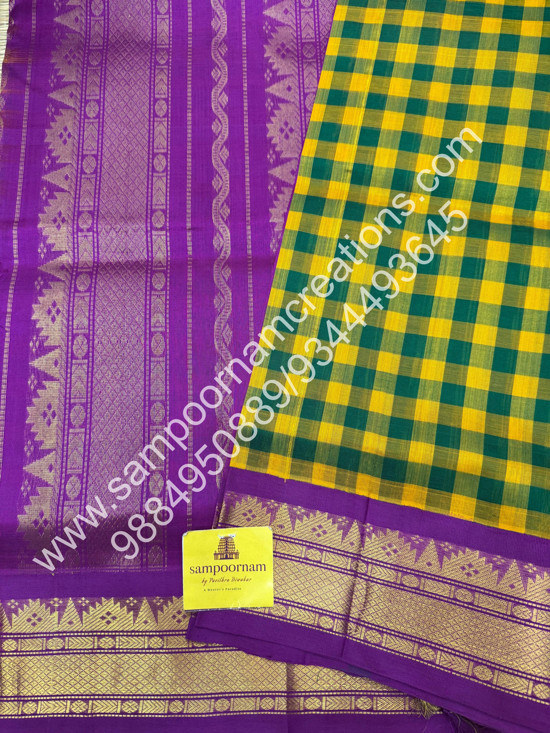Green and Manjal with Purple , Pallum Pazham Kattam , traditional borders and rich Pallu Korvai Silk Cotton Saree