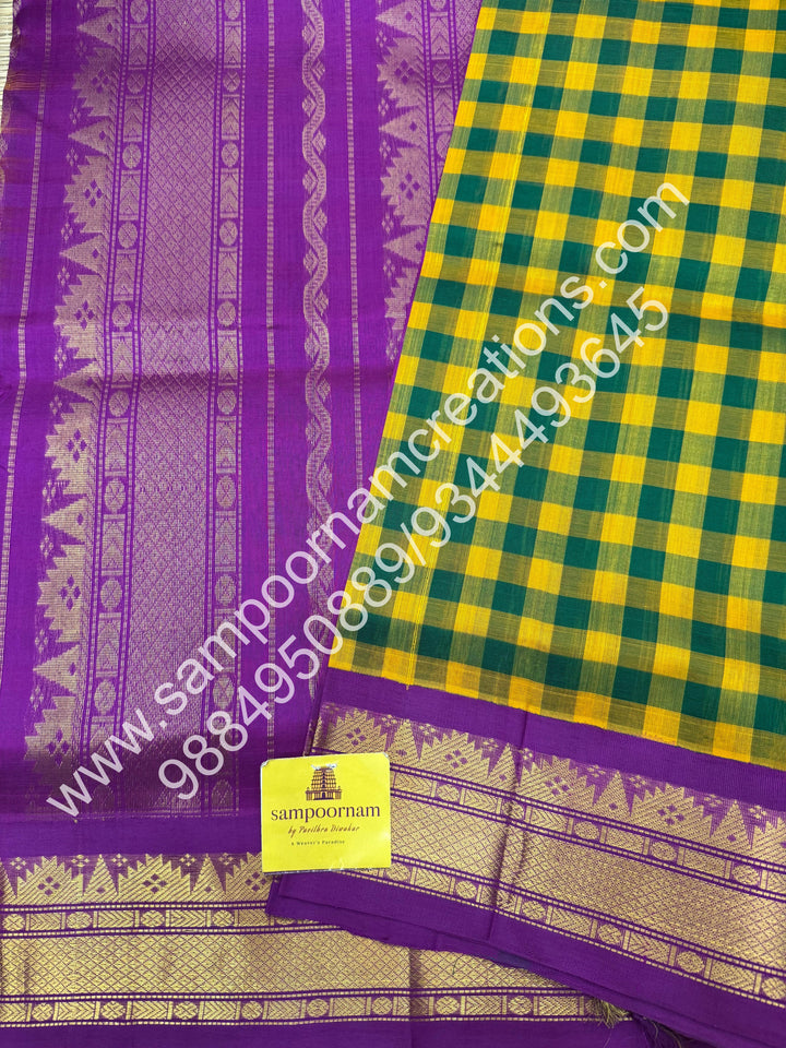 Green and Manjal with Purple , Pallum Pazham Kattam , traditional borders and rich Pallu Korvai Silk Cotton Saree
