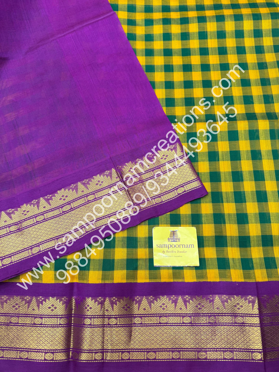 Green and Manjal with Purple , Pallum Pazham Kattam , traditional borders and rich Pallu Korvai Silk Cotton Saree
