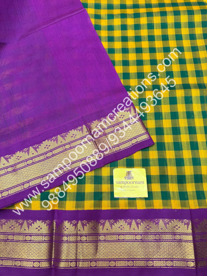 Green and Manjal with Purple , Pallum Pazham Kattam , traditional borders and rich Pallu Korvai Silk Cotton Saree