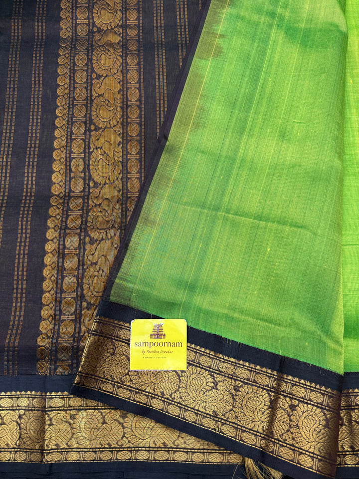 Parrot Green with Dark Brown  , Traditional borders and rich Pallu Korvai Silk Cotton Saree