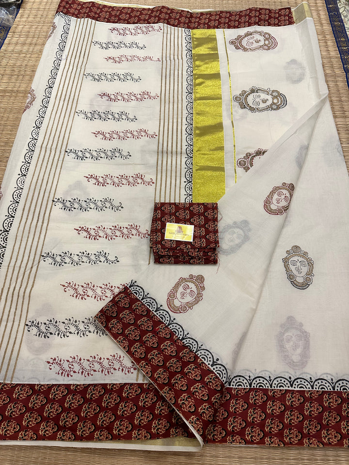 Kerala Pure Cotton Saree with Red Ajrakh Border & Goddess Amman Face Motifs - with Ajrakh Blouse