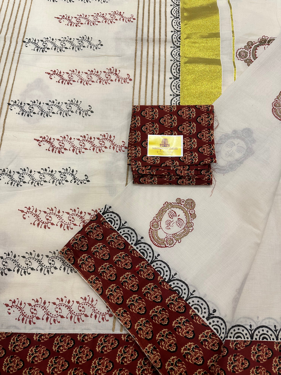 Kerala Pure Cotton Saree with Red Ajrakh Border & Goddess Amman Face Motifs - with Ajrakh Blouse