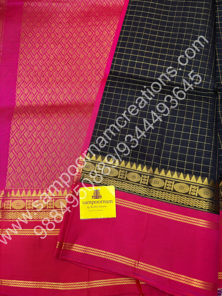 Black with Pink  , Zari checks in the body and rettapet border, rich Pallu Korvai  Silk Cotton Saree